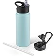 VQRRCKI 24 oz Insulated Water Bottle with Straw Lid & Wide Mouth Lids, Stainless Steel Sports Water Bottles, Double Walled Vacuum, Leak Proof, Turquoise Blue