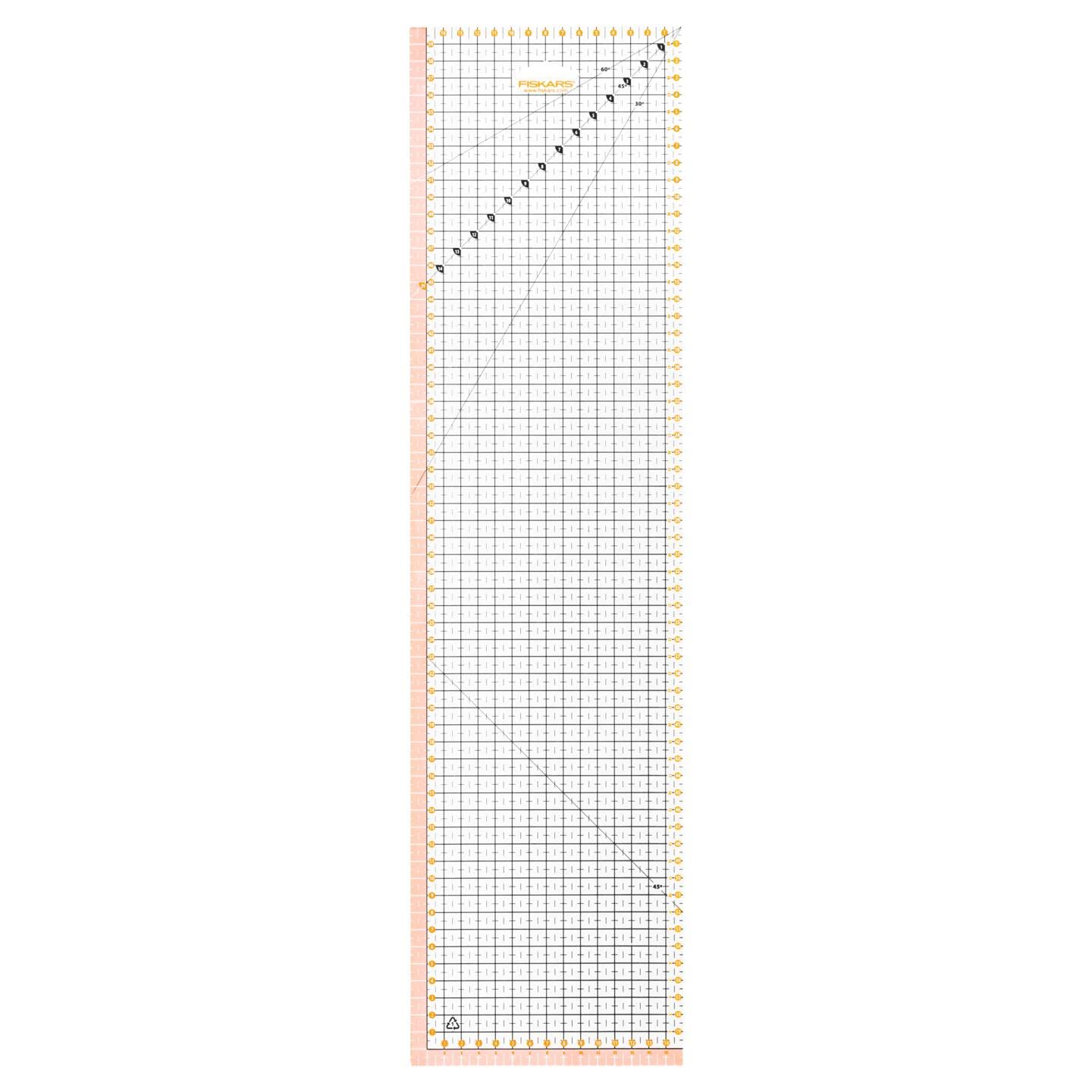Fiskars patchwork ruler, 15 x 60 cm, Highlighted 1 cm seam allowance, Interrupted half-centimetre grid lines, Angled lines, PET plastic, 1066360