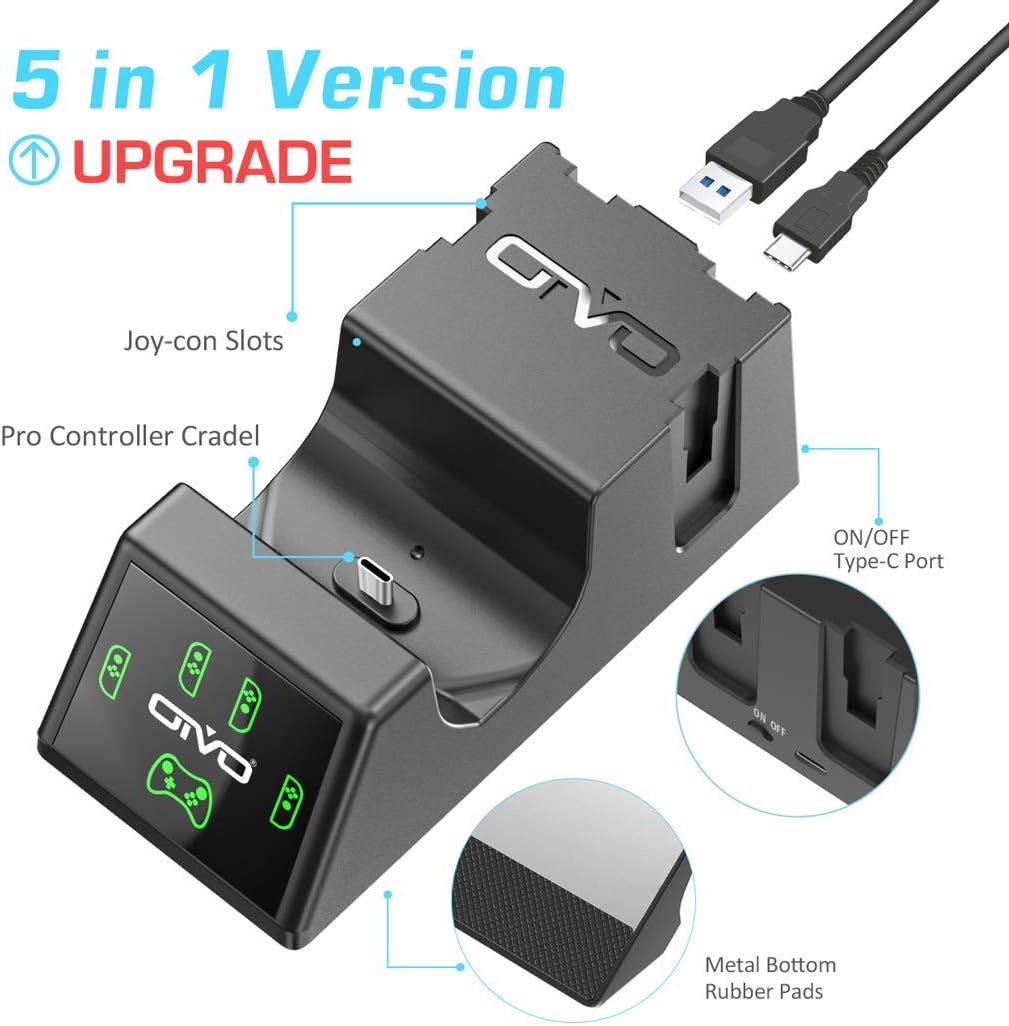 Switch Controller Charger Dock Station for Nintendo Switch Joycon&Pro Controller, OIVO Upgraded 5-in-1 Switch Remote Controller Charger for Nintendo Switch - 2.8FT Type C Cable Included: Electronics