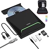 New External CD DVD Drive, Cool DVD Burner USB 3.0 with Ethernet Adapter, 3 USB and 2 TF/SD Card Ports, CD DVD Player Reader 