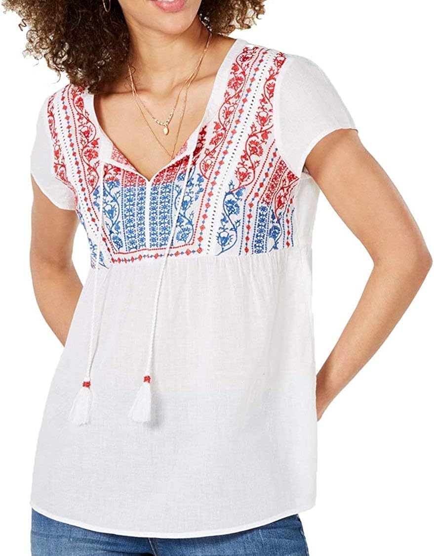 Style & Co. Womens Embroidered Tassel Top (Summertime Delight, Large