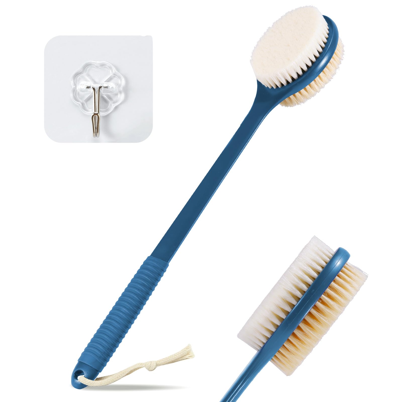 VANZAVANZU 42CM Back Scrubber for Shower, Anti-Slip Long Handle Bath Brush with Soft and Stiff Bristles, Exfoliating Shower Brush for Wet or Dry Brushing (Navy Blue)