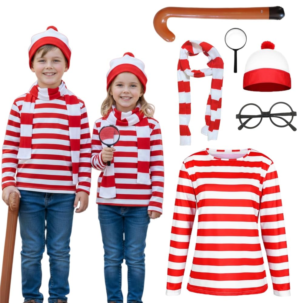 Zynthytic 6 Pcs Wally Costume for Kids Adults Red and White Striped T-shirt Cosplay Accessories with Bean Hat Magnifying Glass Scarf and Socks World Book Day Fancy Dress for Women Men (Kids, 120)