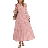 MEROKEETY Winter Spring Midi Dresses for Women 2026 Casual Vacation Long Sleeve V Neck Tiered Cotton Maxi Dress Pockets