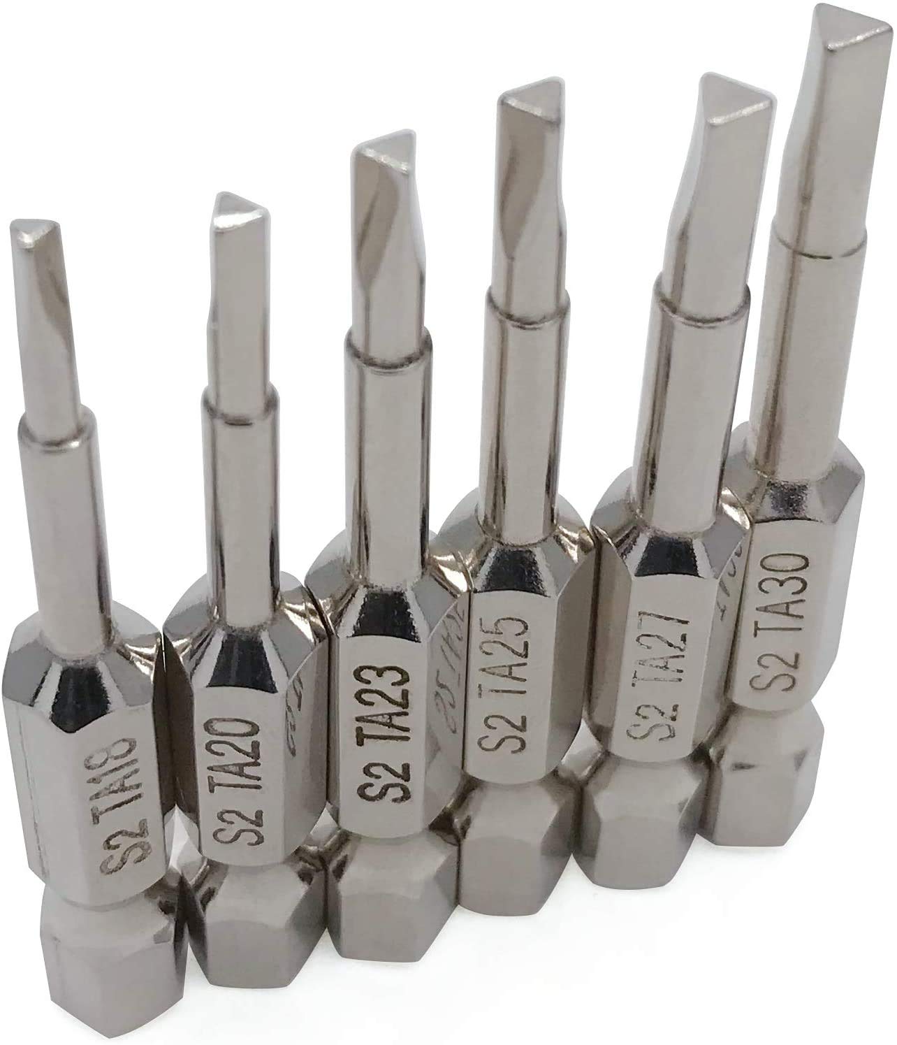 NGe Triangle Screwdriver Bit Set, 6 Pieces Triangle Screw Head, 2 Inch Length, 1/4 Inch Hex Shank, Pack of TA18, TA20, TA23, TA25, TA27, TA30