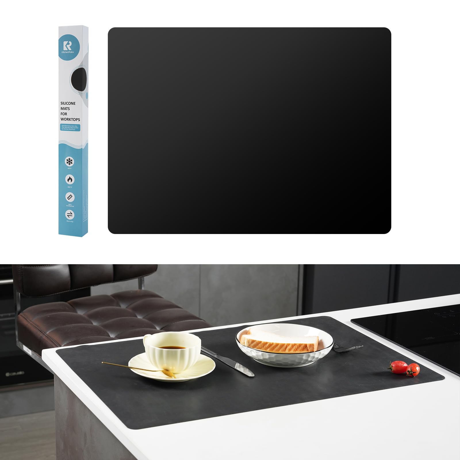 KitchenRaku Extra Large Silicone Mat for Kitchen Worktop Protector, Nonstick Heat Resistant Countertop Mat, Nonskid Placemat, Craft Mat, Table Mat (Black, 60X40cm)