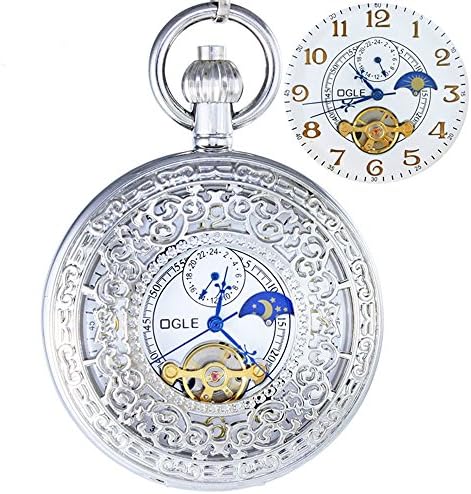 Waterproof Mens Women Silver Pattern Tourbillon Phases Moon Chain Fob Skeleton Automatic Mechanical Pocket Watch
