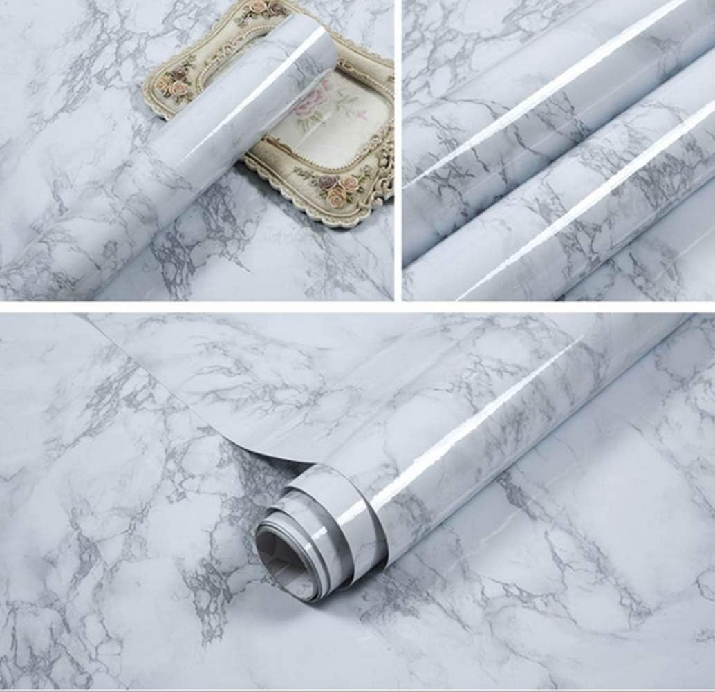 LEEYA Marble Contact Paper 11.8''X78.7'' Gray/White Adhesive Film Kitchen Countertop Cabinet Furniture Renovated Glossy Paper Roll Table Wall Décor