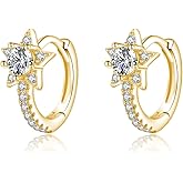 SLUYNZ Solid 925 Sterling Silver Small Star Hoop Earrings for Women Teens CZ Star Hoop Earrings Huggie
