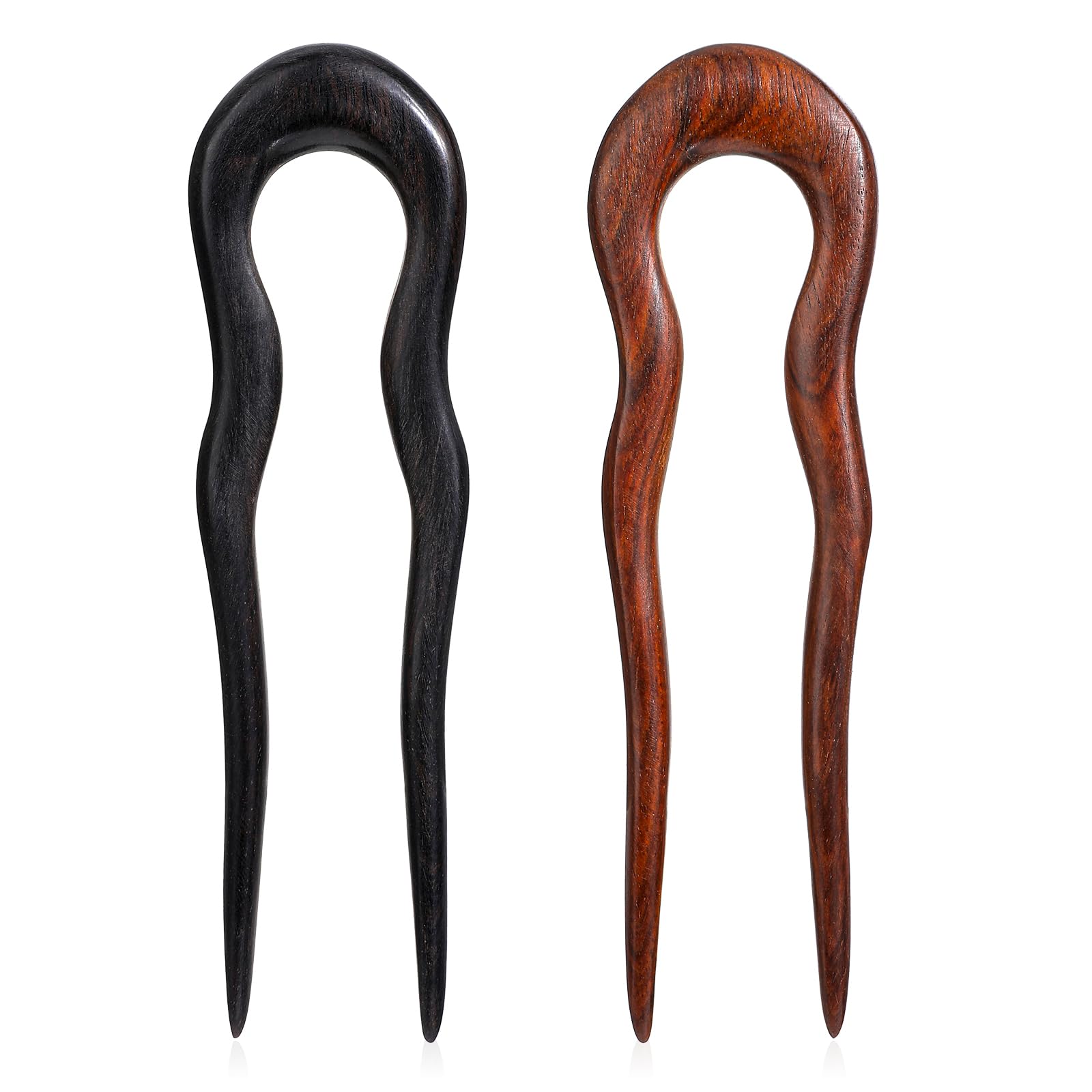 2 Pack Wooden Hair Sticks for Women, French U Shaped Hairpin with Two Prongs Hair Clips, Vintage Matte Hair Forks