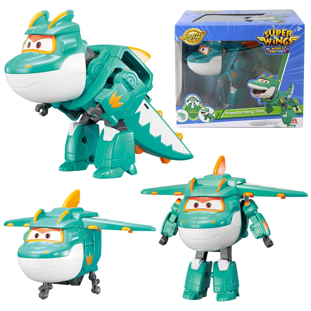 Super Wings Tino Dinosaur 5' Transforming Character Easy Transformation Preschool Kids Gift Toys for 3+ Year Old Boy Girl, Green