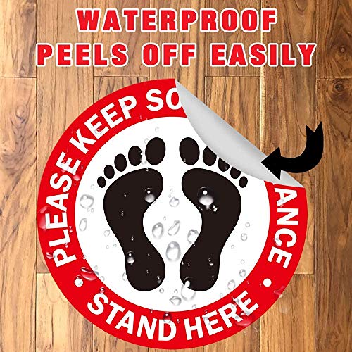 Social Distancing Floor Decals [10 Pack, 12\'\'], SZSY Waterproof Social Distancing Sign Adhesive Vinyl Safety Floor Stickers – Stand Here – for Business Work Hanging Out (Red)