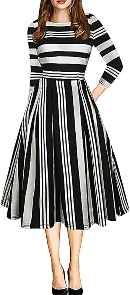 Aniywn Women's Vintage Patchwork Pockets Puffy Swing Casual Party Dress Elegant Formal Floral Print Evening Dresses