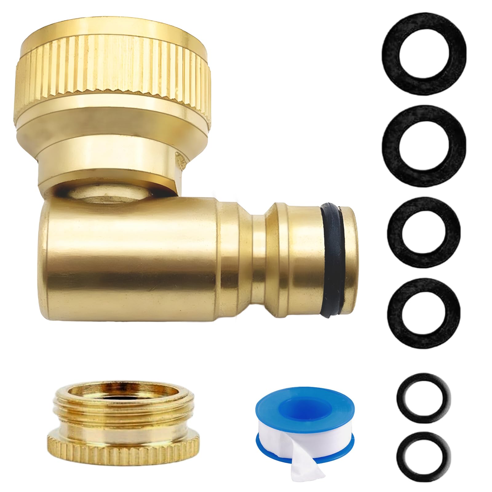 Garden Hose Tap Connector 1/2" & 3/4",Brass Angled Tap Connector,90° Elbow Female Rotating Hose Connector,Outdoor Tap Connector Kit for Hosepipe,Threaded Faucet Adapter