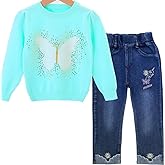Peacolate 18M to 5Y Rainbow Sweater & Strawberry Embroidery Jeans Clothing Set for Toddler&Little Girls