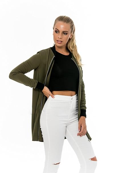 GWELL Klassische Damen Lange Bomberjacke Übergangsjacke Reißverschluss Jacke für Herbst Frühling