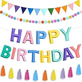 4PCS Pre-Strung Happy Birthday Banner - Felt Happy Birthday Garland, Ball Garland, Felt Pennant Flag, Pastel Thread Tassel Reuasble Party Decorations for Girls Women Kids