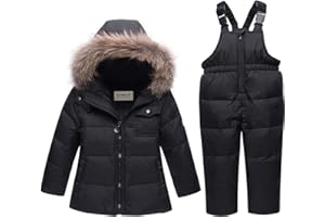SANMIO Baby Boys Girls Two Piece Snowsuit, Toddler Winter Hooded Puffer Down Jacket Coat with Ski Bib