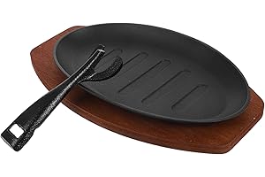 SUPVOX Cast Iron Steak Pan with Wooden Base Pre-Seasoned Sizzling Platter for Indoor Grilling