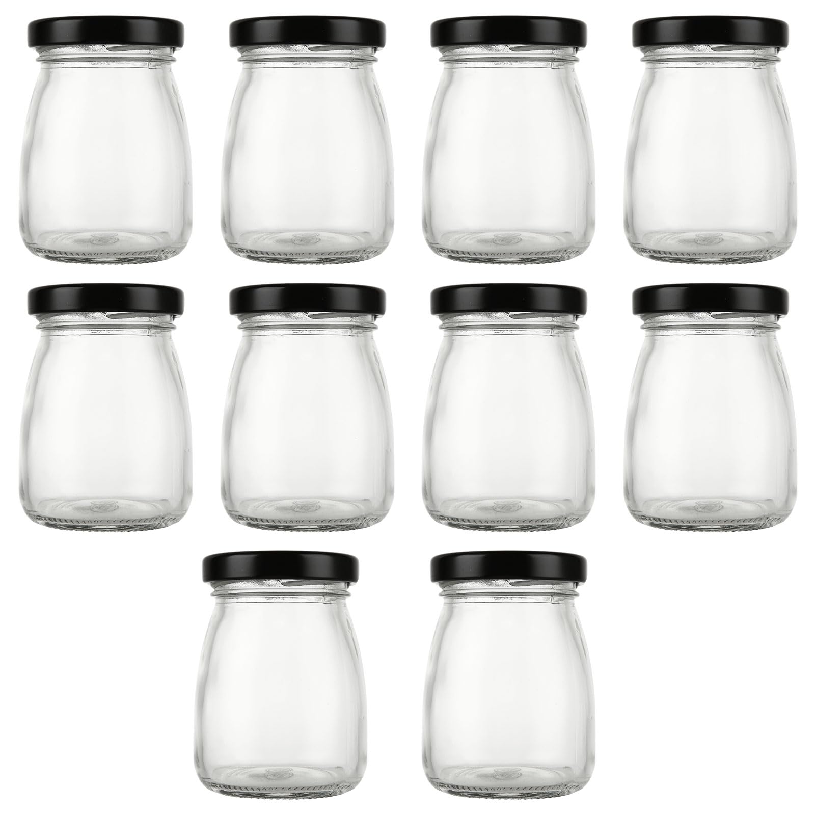 ASelected 10Pcs Clear Glass Bottles With Pretty Black Lids 100 Ml Pudding Yogurt Pots Small Jars for Snacks, Candies, DIY Projects