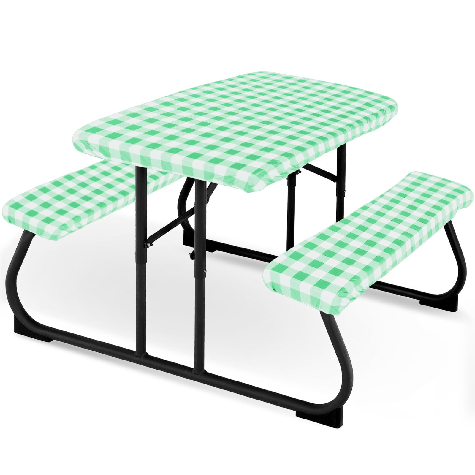 Photo 1 of Moukeren 3 Pieces Picnic Table Cover for Kids with Bench Covers Fitted Tablecloth for Outdoors Vinyl Waterproof Cloth for Camping Home Goods Indoor Outdoor Patio BBQ(Green and White Plaid)