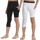 2 Pack Boys One Leg Compression Tights Youth 3/4 Football Pants Basketball Capri Leggings Athletic Baselayer Kids