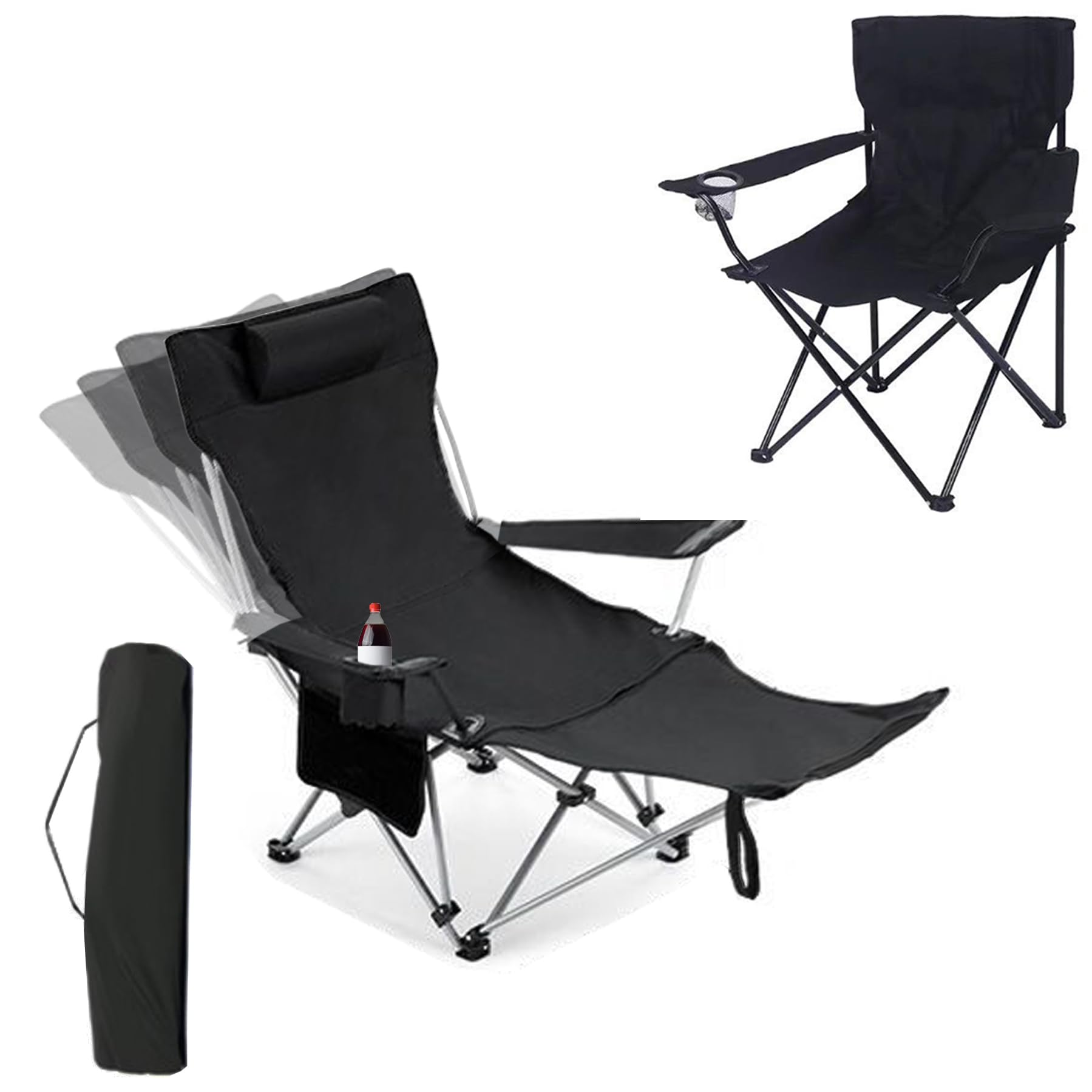 Photo 1 of 2 in 1 Folding Camping Lounge Chair with Removable Footrest,Picnic Chair,4 Height Adjustments Portable Reclining Camping Chair with Storage Bag & Cup Holder(Black)