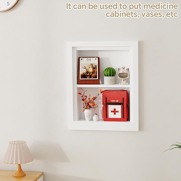 SOLID WOOD 14 X 18 RECESSED MEDICINE CABINET,2-TIER, MEDICINE CABINET ORGANIZER,WALL NICHE, BATHROOM WALL CABINET, RECESSED BATHROOM CABINET,RECESSED WALL CABINET, BATHROOM CABINET WITH STORAGE, WHITE