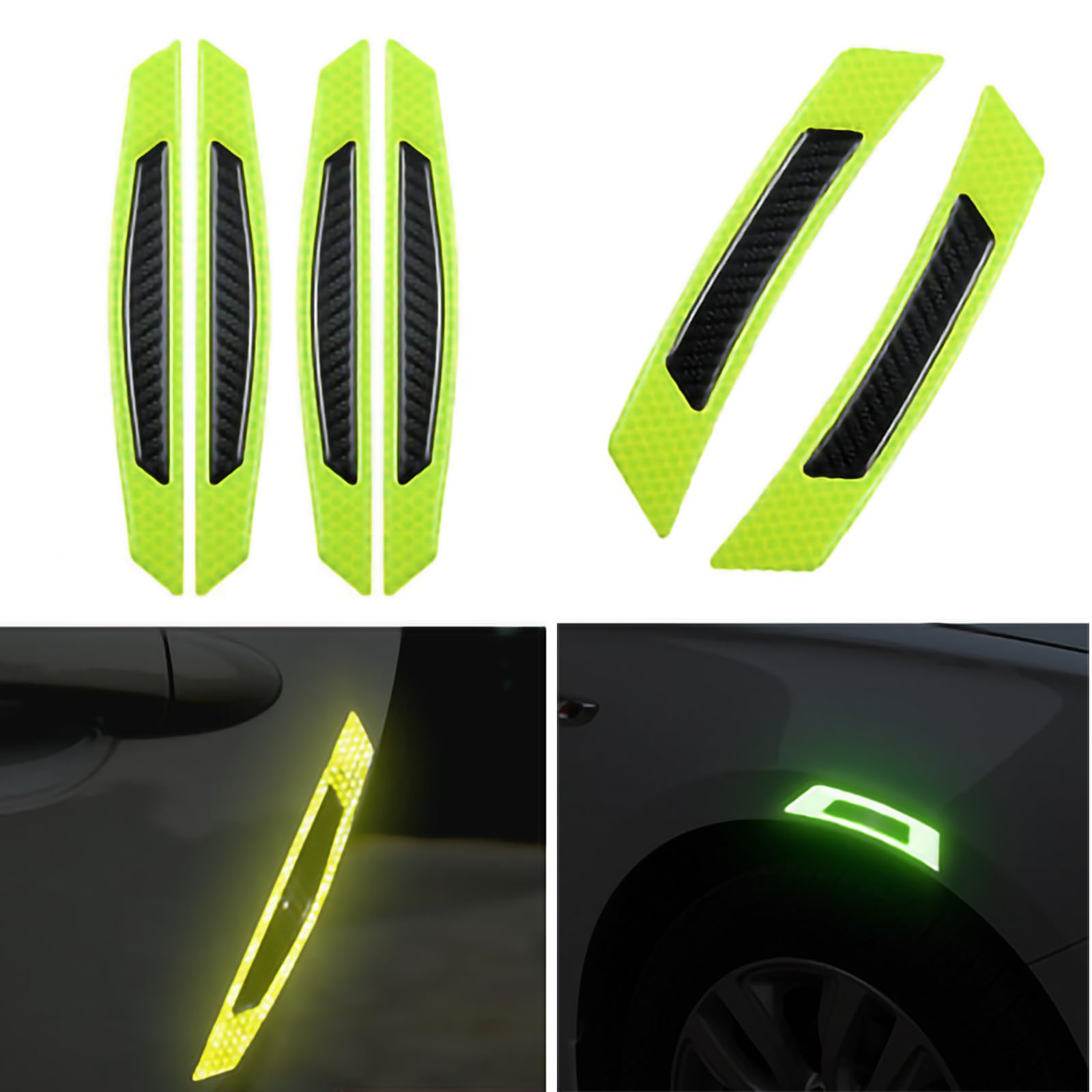 Photo 1 of (Green) 3D Super Reflective Stickers & Carbon Fiber Wheel Eyebrow Strips Car Side Door Edge Bumper Protection Guards Trim Stickers Safety Warning Car Side Door Edge Bumper 6Pcs