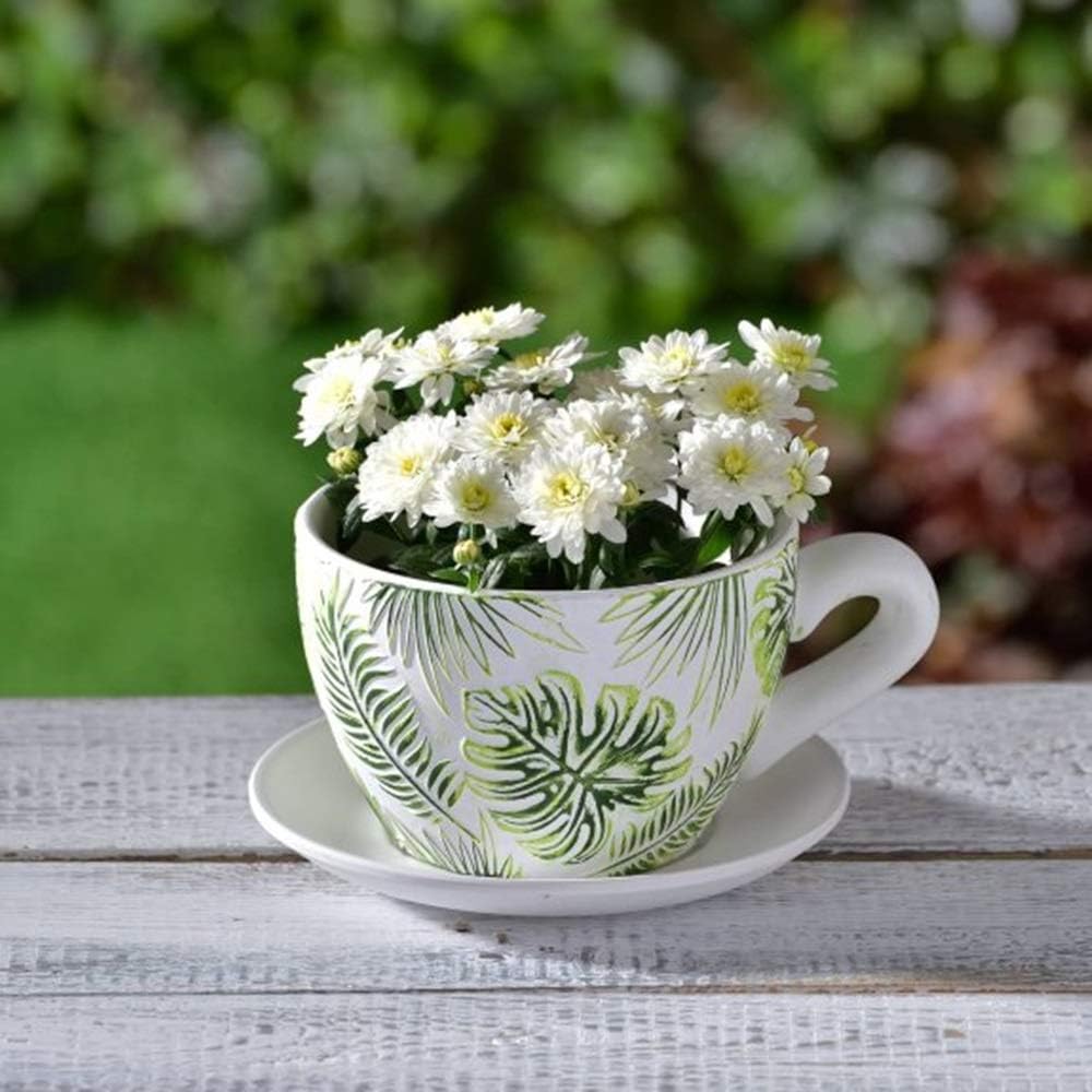 EEMKAY Vintage Ceramic Leaf Embossed Teacup Planter With Saucer