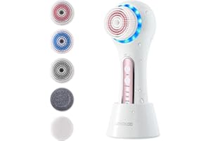 UMICKOO Facial Cleansing Brush,Red & Blue LED Light Skin Care Device,Rechargeable IPX7 Waterproof with 5 Brush Heads,Face Brush Use for Exfoliating, Anti-Aging and Makeup Blending