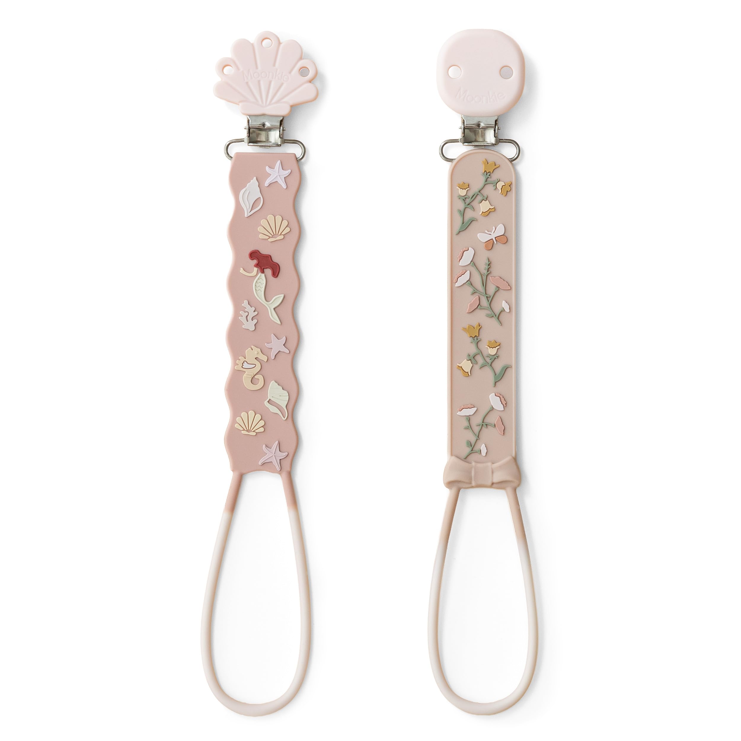 Moonkie Flat Silicone Pacifier Clips (2-Pack) – One-Piece Strap Holders, Binky Clips for Baby Boys & Girls, Gift-Ready Baby E
