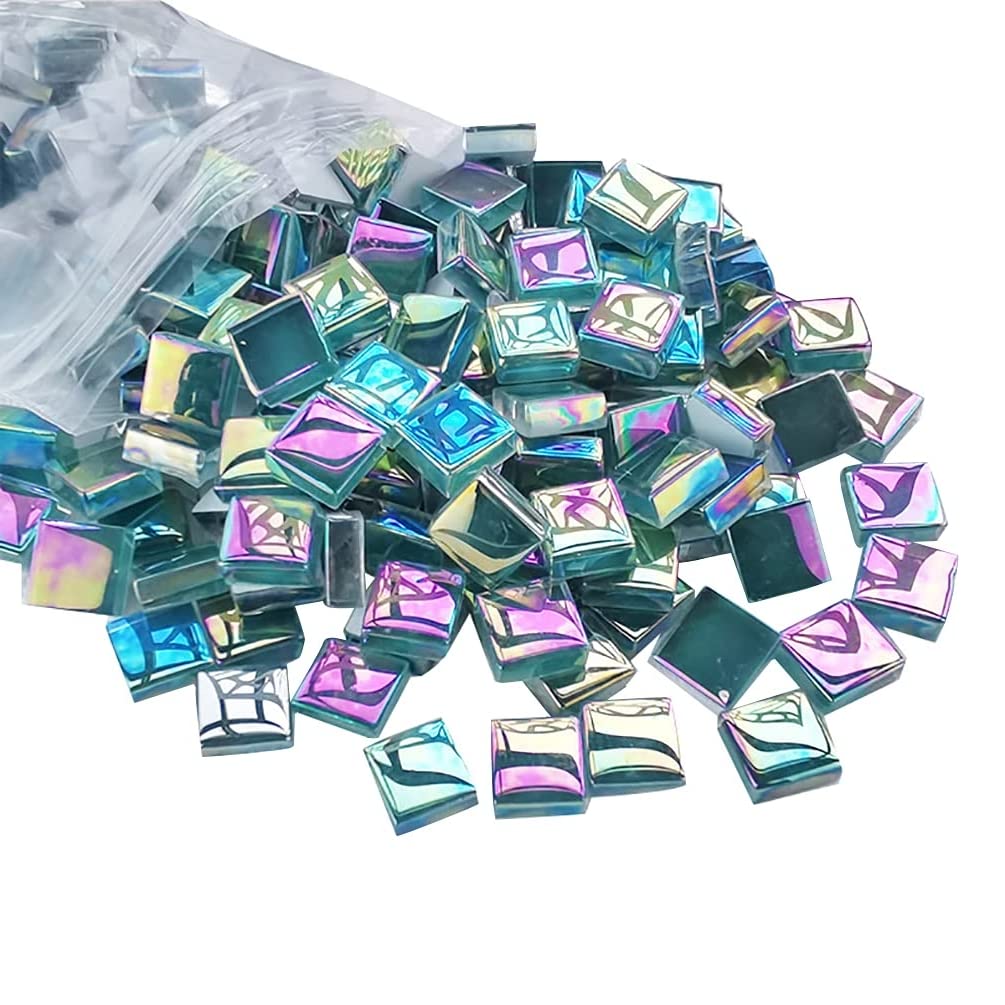 200 Pieces Mosaic Tiles for Crafts, Iridescent Crystal Mosaic Glass Tiles, Focal20 Square Mosaic Tiles, Pieces for Adults, DIY Picture Frame, Decoration, Gifts (Cyan)
