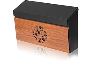 Ydocabinit Wall Mount Mailbox, Large Capacity Mailbox for House Outside, Galvanized Steel Rust-Proof Metal Post Drop Box, 15.74"×9.84"×4.33" Flower Hollowed Wooden Patterned Metal Sheet