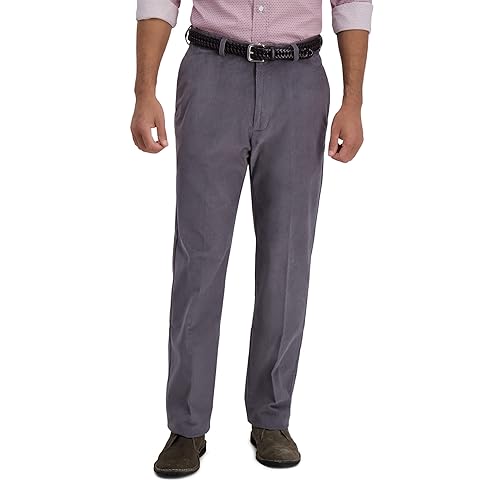 Haggar mens Stretch Corduroy Expandable Waist Classic Fit Flat Front Pants, Charcoal, 36W x 30L US
