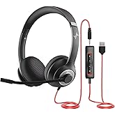 JIAMQISHI USB Headset with Microphone for PC, On-Ear Computer Laptop Headphones with Noise Cancelling Microphone in-line Control for Home Office Online Class Skype Zoom (USB+3.5mm, Black)