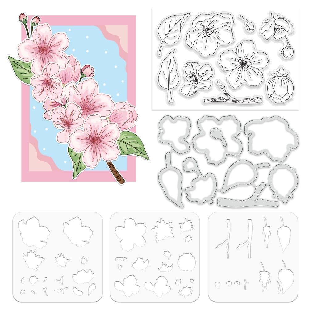 ORIGACH Realistic Peach Blossom Stamps and Die and Layering Stencil Set Bundle for Card Making Album Arts Crafts Supplies