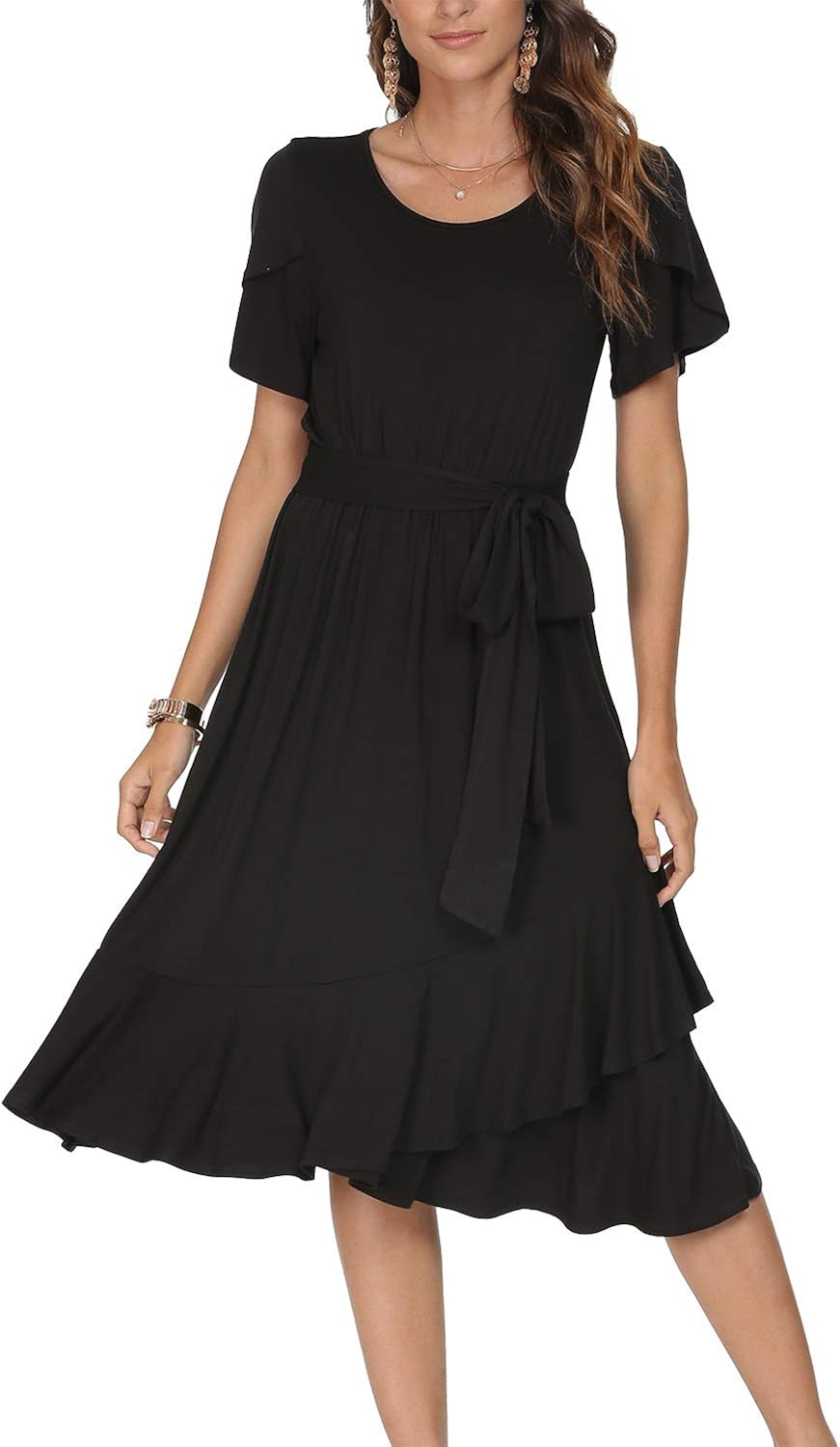 Simier Fariry Womens Tulip Sleeve Modest Work Casual Midi Dress with Belt