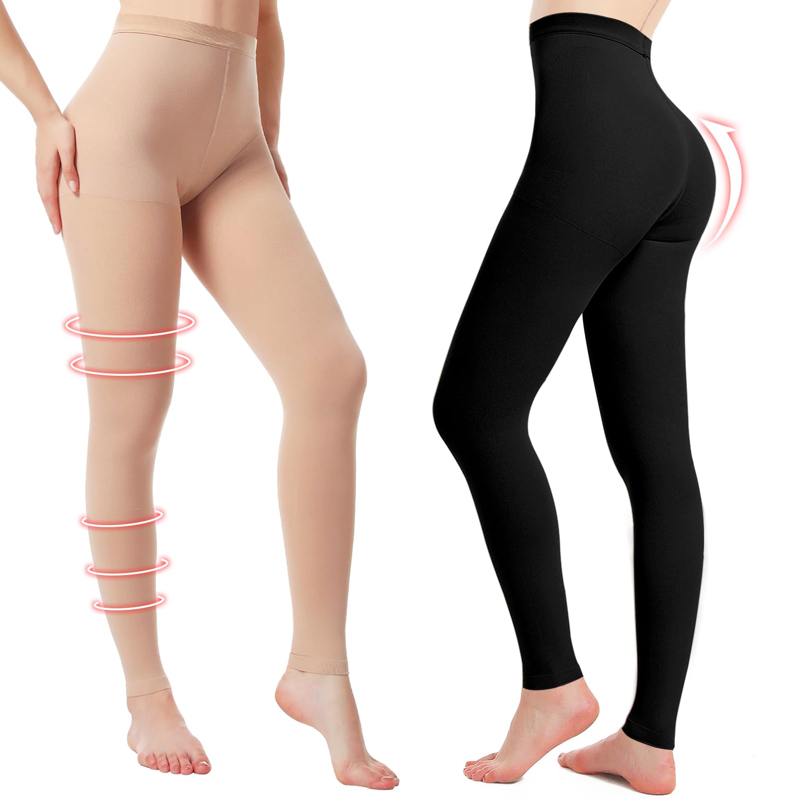 Photo 1 of 2 Pairs Medical Compression Pantyhose for Women, 20-30mmHg Graduated Support Tights, Opaque Footless Waist High Compression Stockings Leggings for Varicose Veins, Edema?DVT(Beige*1+Black*1, M)
