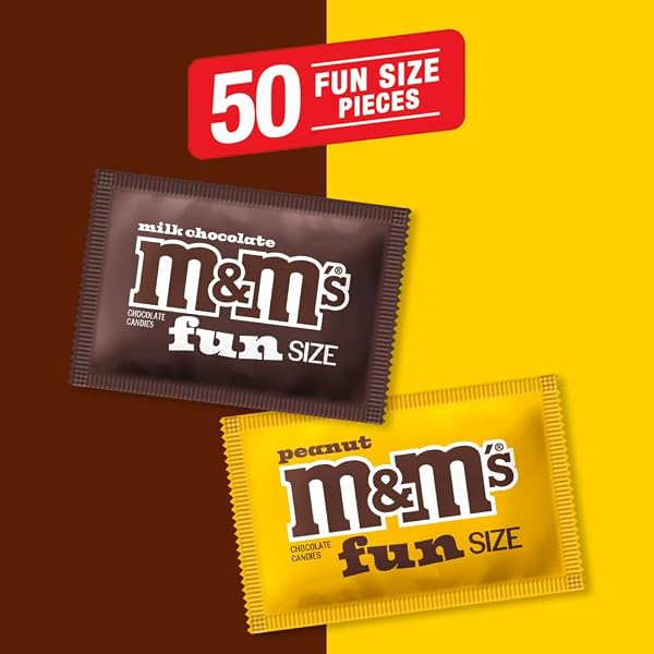 M&M’S MILK CHOCOLATE & M&M’S PEANUT FUN SIZE CANDY INDIVIDUALLY WRAPPED MILK CHOCOLATE VARIETY PACK PANTRY CUBE EASY OPEN AND CLOSE DISPENSER FOR CONVENIENT SNACKING, 50 CT BULK BOX