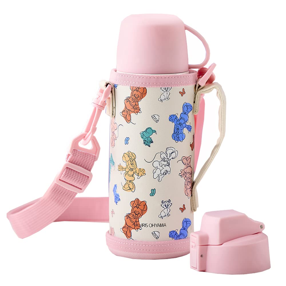 アイリスオーヤマ 水筒 子供用 キッズ 2WAYボトル 600ml ミニー コップ付きタイプ 直飲みタイプ 簡単付け替え出来る 1歳から使える オールシーズン対応可能 保冷7℃以下,保温73℃以上6時間キープ 真空断熱構造 通園通学 お手入れラクラク 丈夫なステンレス製 長さ調整可能なショルダーベルト付き 衝撃から水筒を守るポーチ側面 お名前スペース 0.6L 2WB-600D商品画像