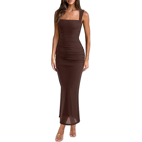 Amazon.com: REORIA Long Sleeve Wedding Guest Maxi Dresses for Women Sheer Mesh  Square Neck Ruched Bodycon Long Dress 2026 Spring Outfits Bellwether Blue  X-Small : Clothing, Shoes & Jewelry