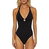 Soluna Swim Women's Plunge Halter Maillot One Piece Swimsuit, Adjustable, Tie Back, Bathing Suits