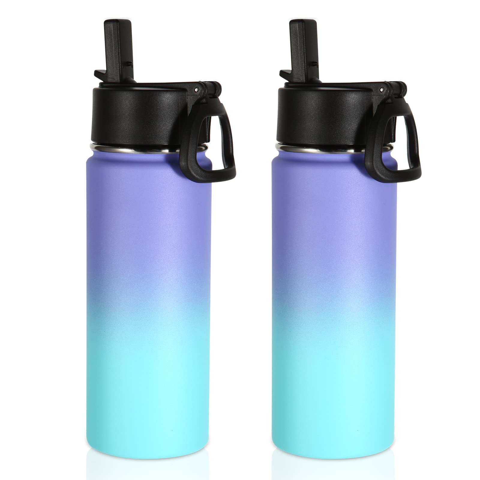 Volhoply 18oz Insulated Water Bottle 2 Pack, Multipack Kids Stainless Steel Water Bottles with Straw Lid, Double Wall Vacuum Metal Bottle (Purple Blue,2 Pack)