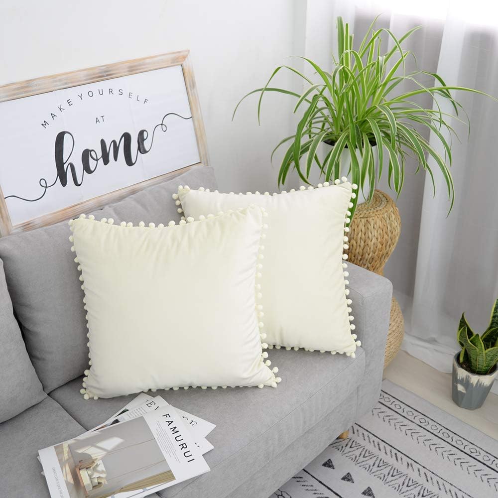 AENEY Decorative Pom-Poms Throw Pillow Covers 18x18 for Sofa Bed Couch Velvet Soft Soild Throw Pillows Cushion Cover Set of 2 Cream A214