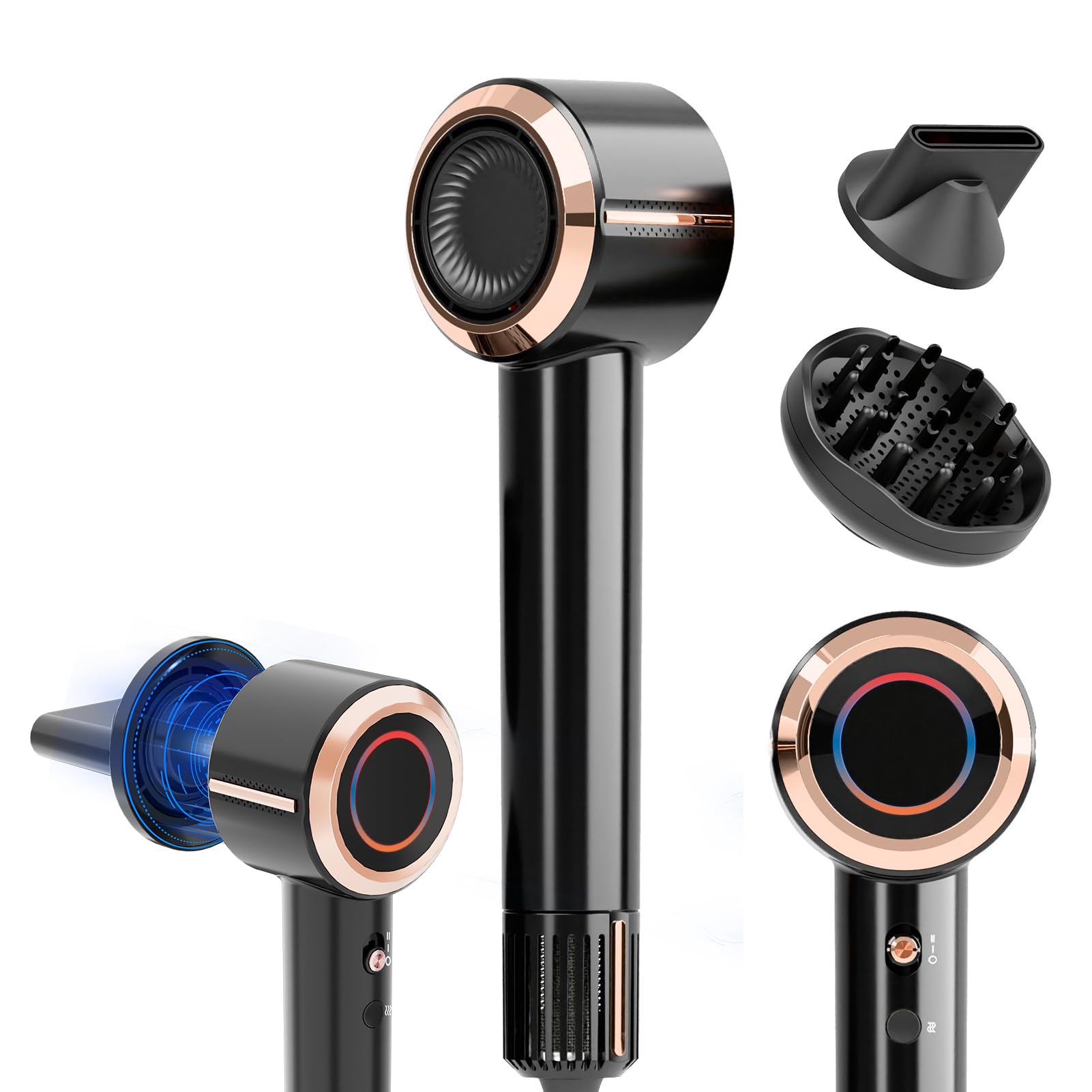 CINOSTAR Hair Dryer, Fast Drying Blow Dryer with Diffuser, with 110, 000RPM Brushless Motor&Ionic Technology No Heat Damage, Lightweight for Women and Travel, Low Noise, Black Rose Gold