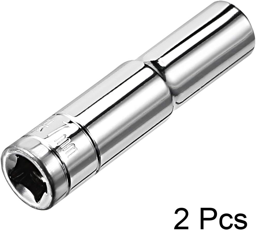 sourcing map 2 Pcs 1/4 Inch Drive 7mm 6-Point Deep Socket, Metric, Cr-V, Silver - Image 3