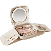 AMIRO Travel Makeup Bag with Stepless Brightness&amp;3 Color LED Mirror, White | Train Case, Portable Cosmetic Bag with Lighted Mirror, 1100lux Lighting, 4.5L Storage, Waterproof, 10 inches