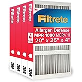 Filtrete 20x25x4 Air Filter, MERV 11, MPR 1000, 4 HVAC Filters | Allergen Defense, 12-Month AC/Furnace Filters, Cleaner Air, Reliable Airflow, (Act. Size 19.88x24.63x4.31 in)