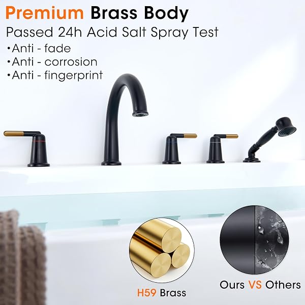 WINTAP BLACK & ROSE GOLD ROMAN BATHTUB FAUCET SET WITH HAND SHOWER & BRASS VALVE 5 HOLE 3 HANDLE WIDESPREAD DECK MOUNT TUB FILLER CLASSIC VINTAGE HIGH ARC GOOSENECK SPOUT TUB FAUCETS